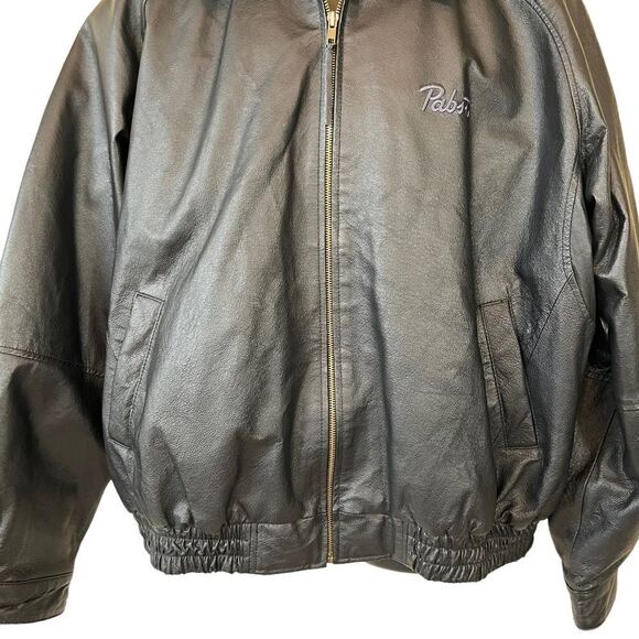 Black Leather Pabst Beer Exclusive Burk’s Bay Napa Bomber Jacket - Picture 3 of 16